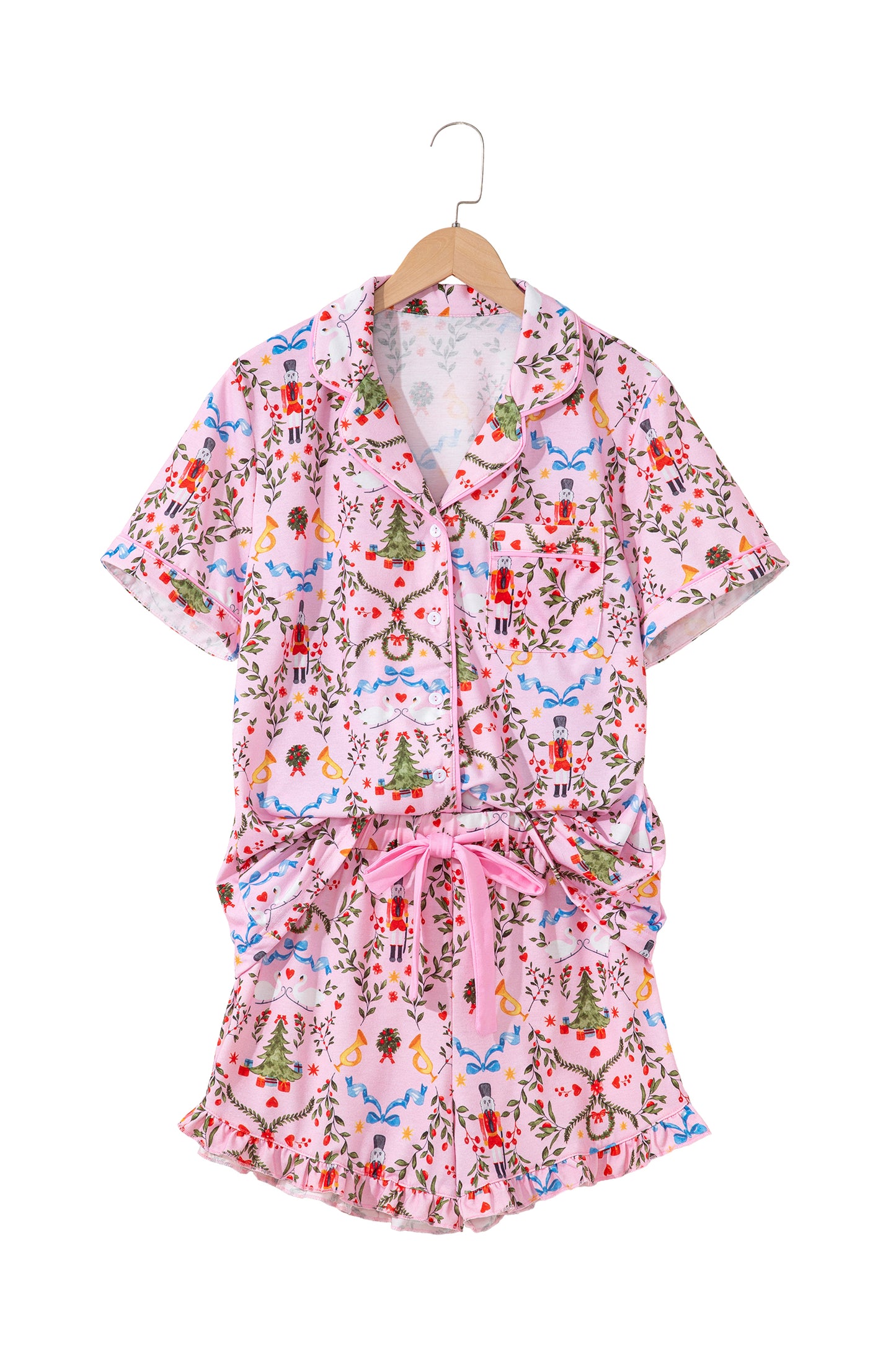 Pink Nutcracker Doll Christmas Print Ribbon Tie Waist Short 2pcs Pajama Set