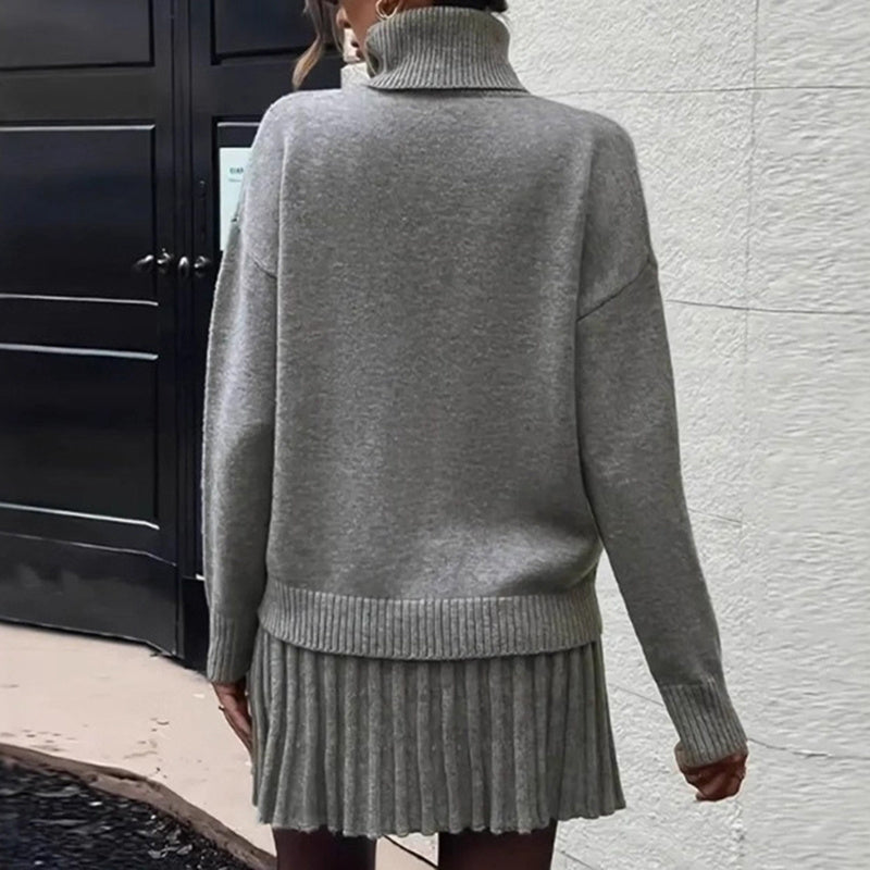 Women's Ribbed Knit Two Piece Set, Long Sleeve Turtleneck Pullover And Mini Skirt Outfit