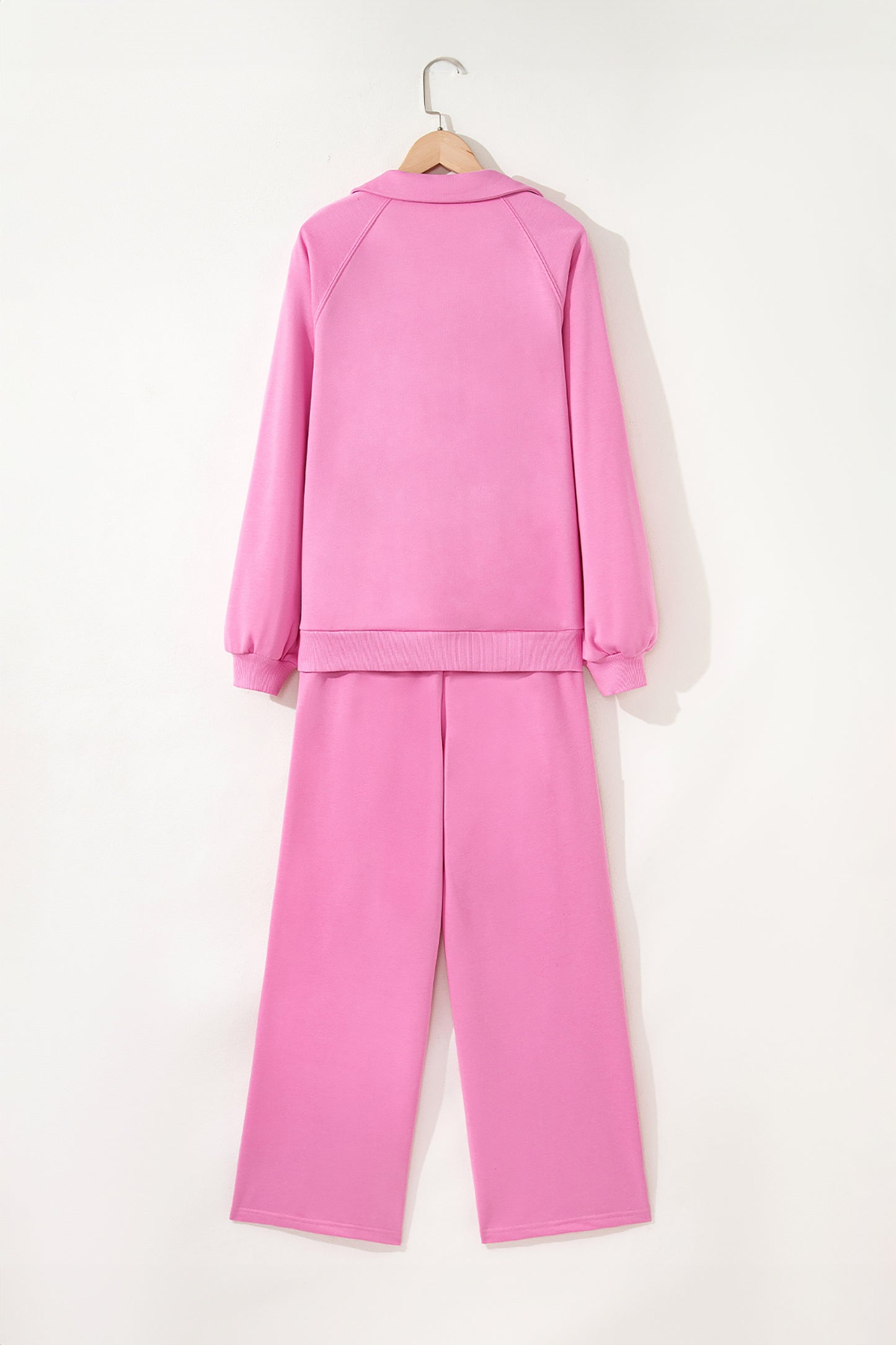 Bright Pink Polo Collar V Neck Pullover and Drawstring Sweatpants Set