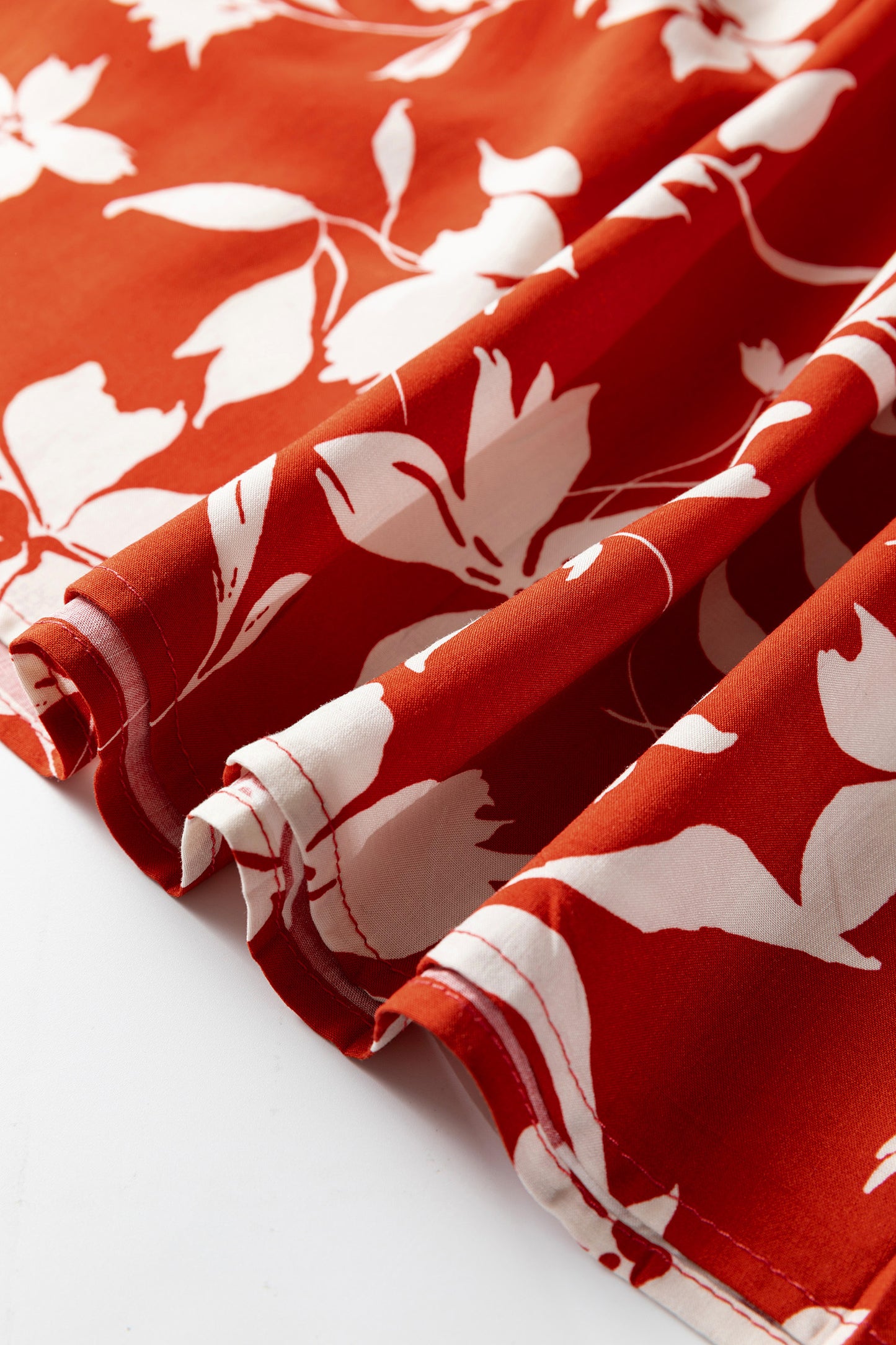 Red Boho Floral Print Lettuce Trim 3/4 Sleeve Mini Dress