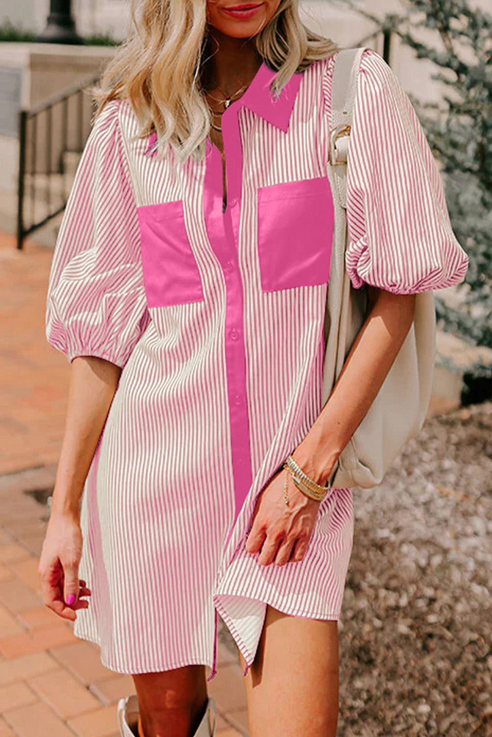 Sky Blue Stripe Color Block Patchwork Shirt Collar Button Down Puff Sleeve Mini Dress