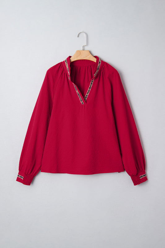 Racing Red Leopard Jacquard Print V Neck Textured Blouse