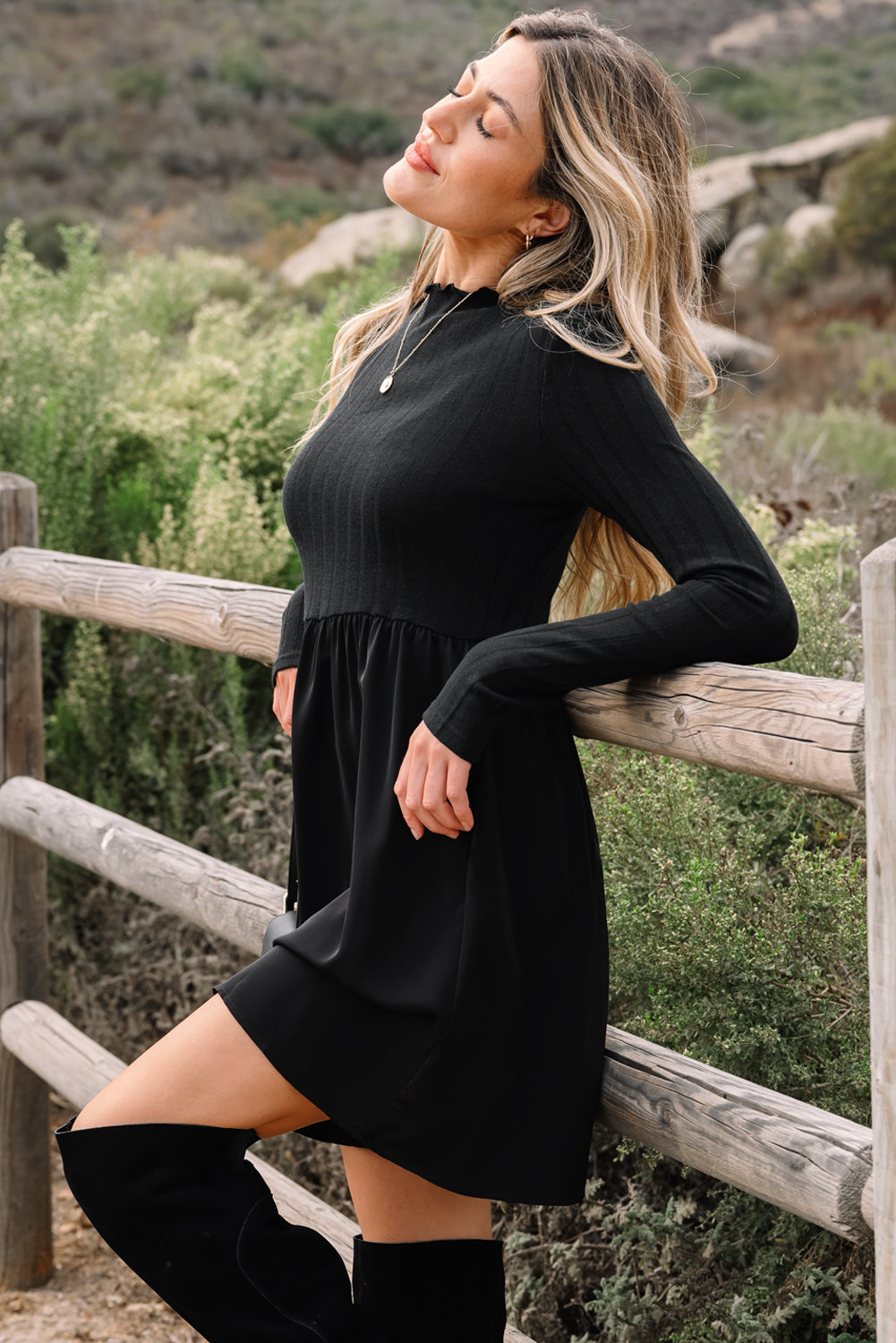 Black Frilled Neck Ribbed Knit Patchwork Long Sleeve Mini Dress