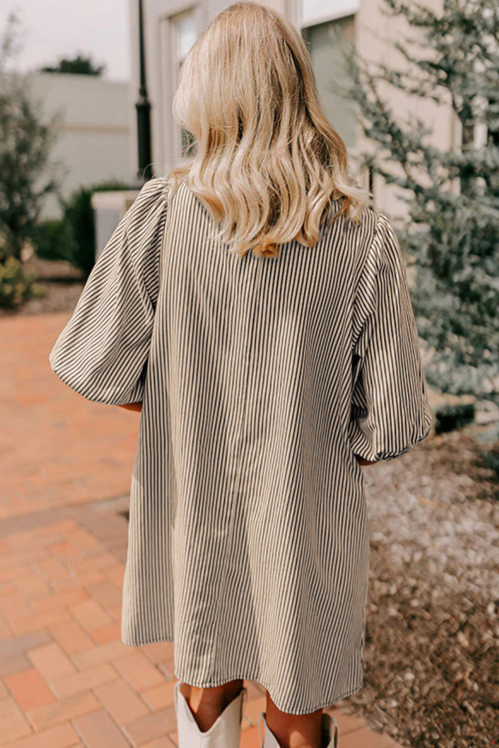 Sky Blue Stripe Color Block Patchwork Shirt Collar Button Down Puff Sleeve Mini Dress