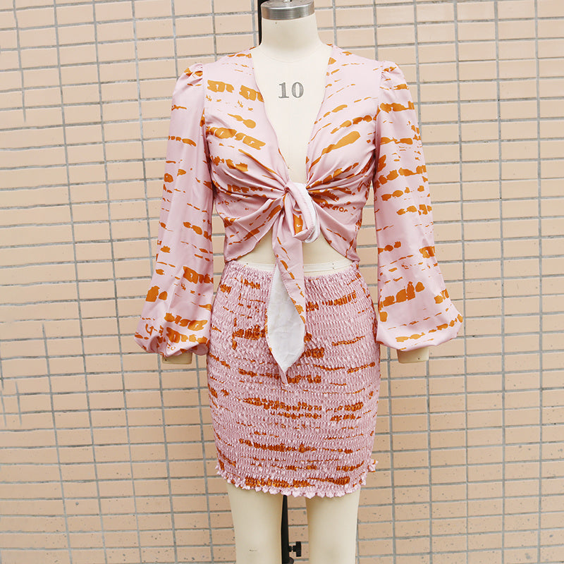 Women's 2 Piece Outfits Tie Knot Front Long Sleeve Crop Top And Mini Skirt Set