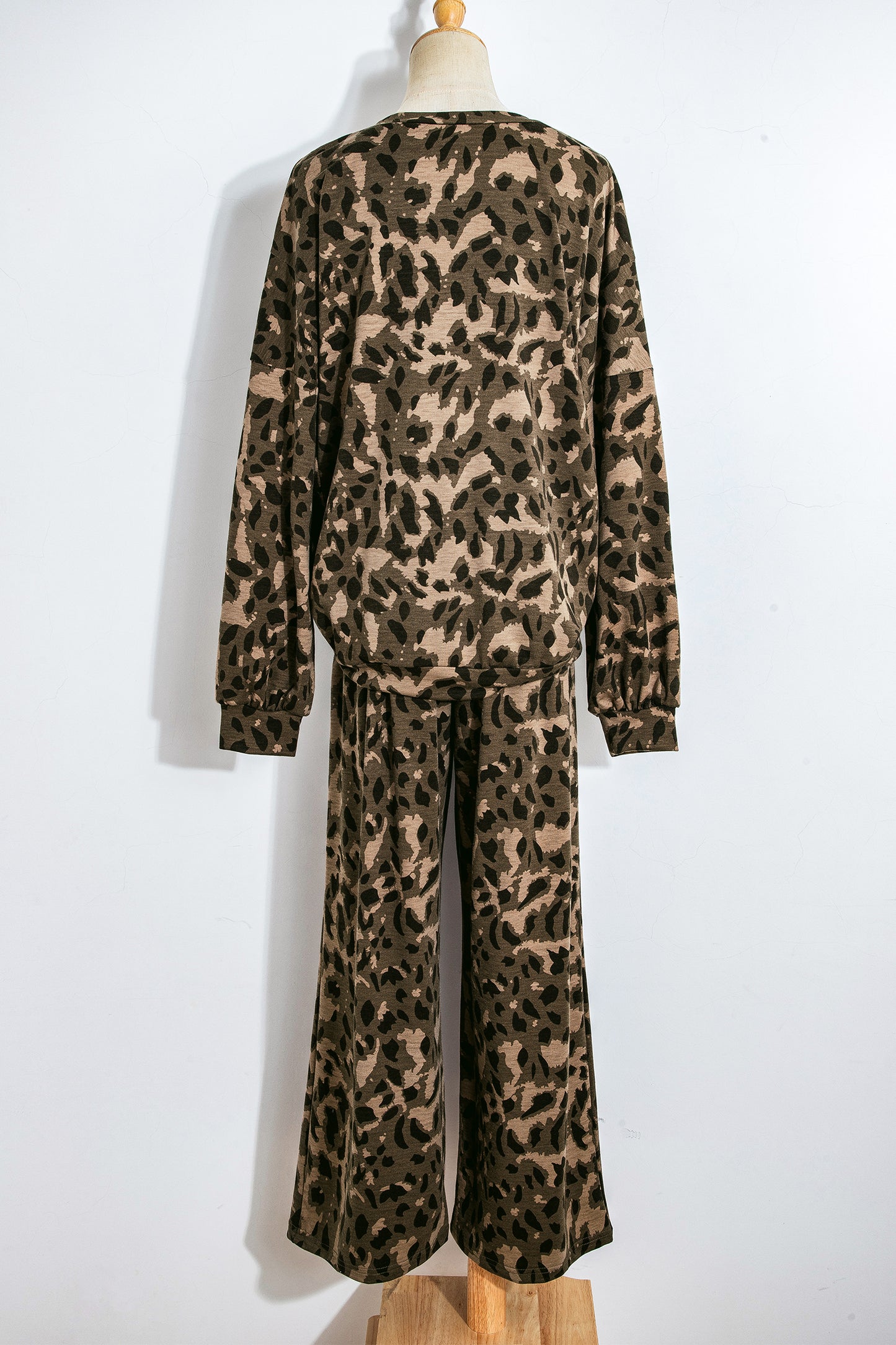 Brown Leopard Print Raw Seam Patchwork Pullover Drawstring Loose Pant Set