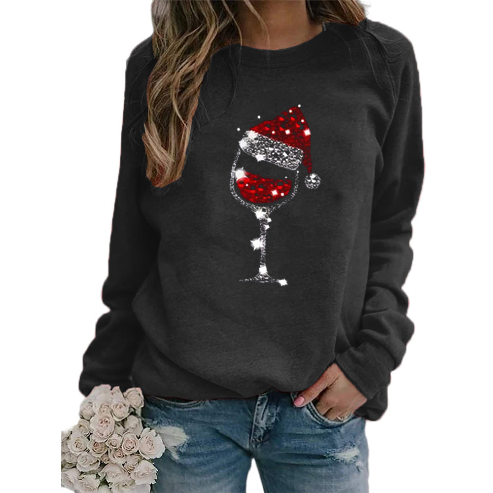 Clothing Christmas Women's Sweater Christmas Hat Red Wine Glass Graphic Print Crew Neck Long-sleeved Sweater