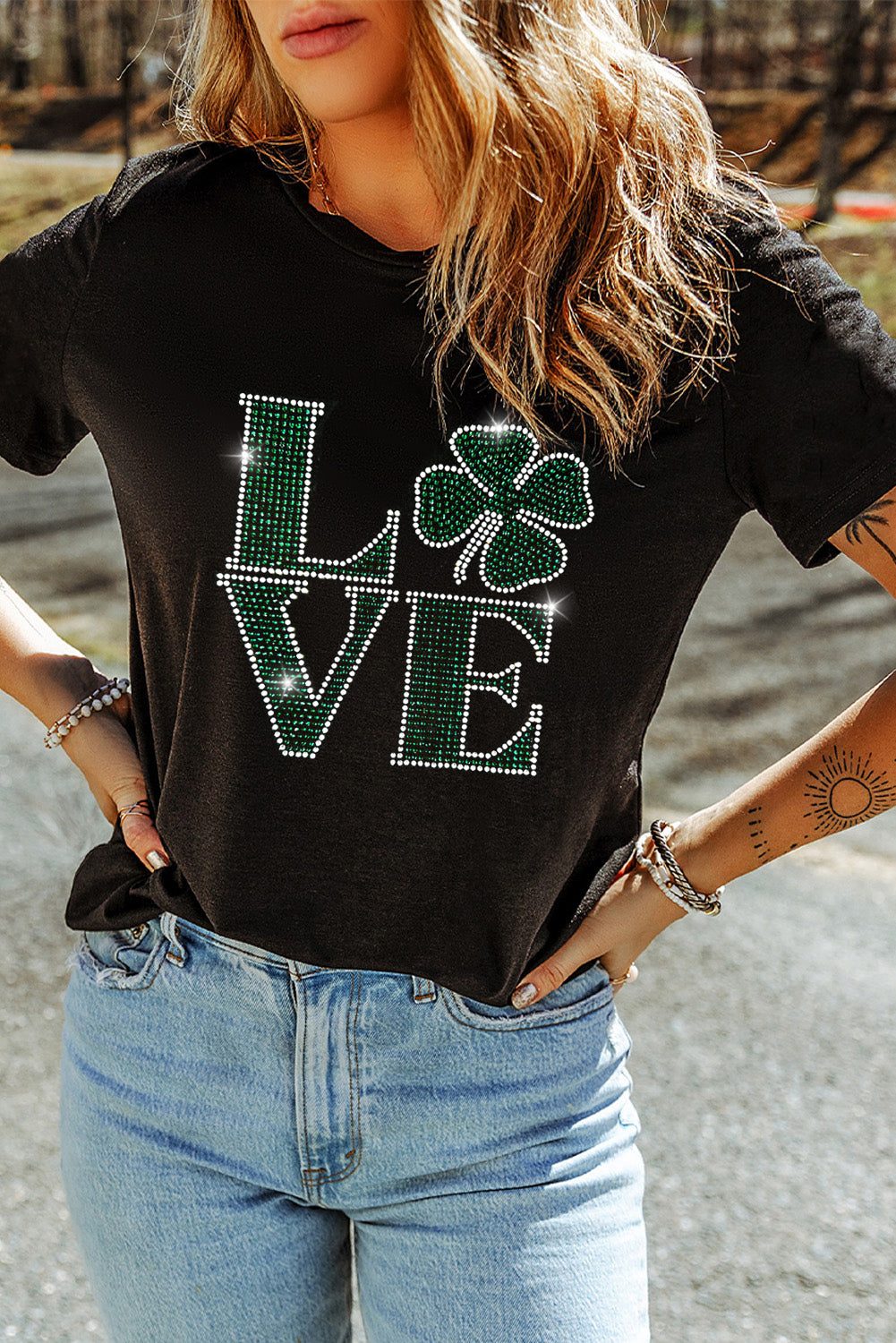 Black Clover LOVE Rhinestone Graphic St Patricks Day T Shirt