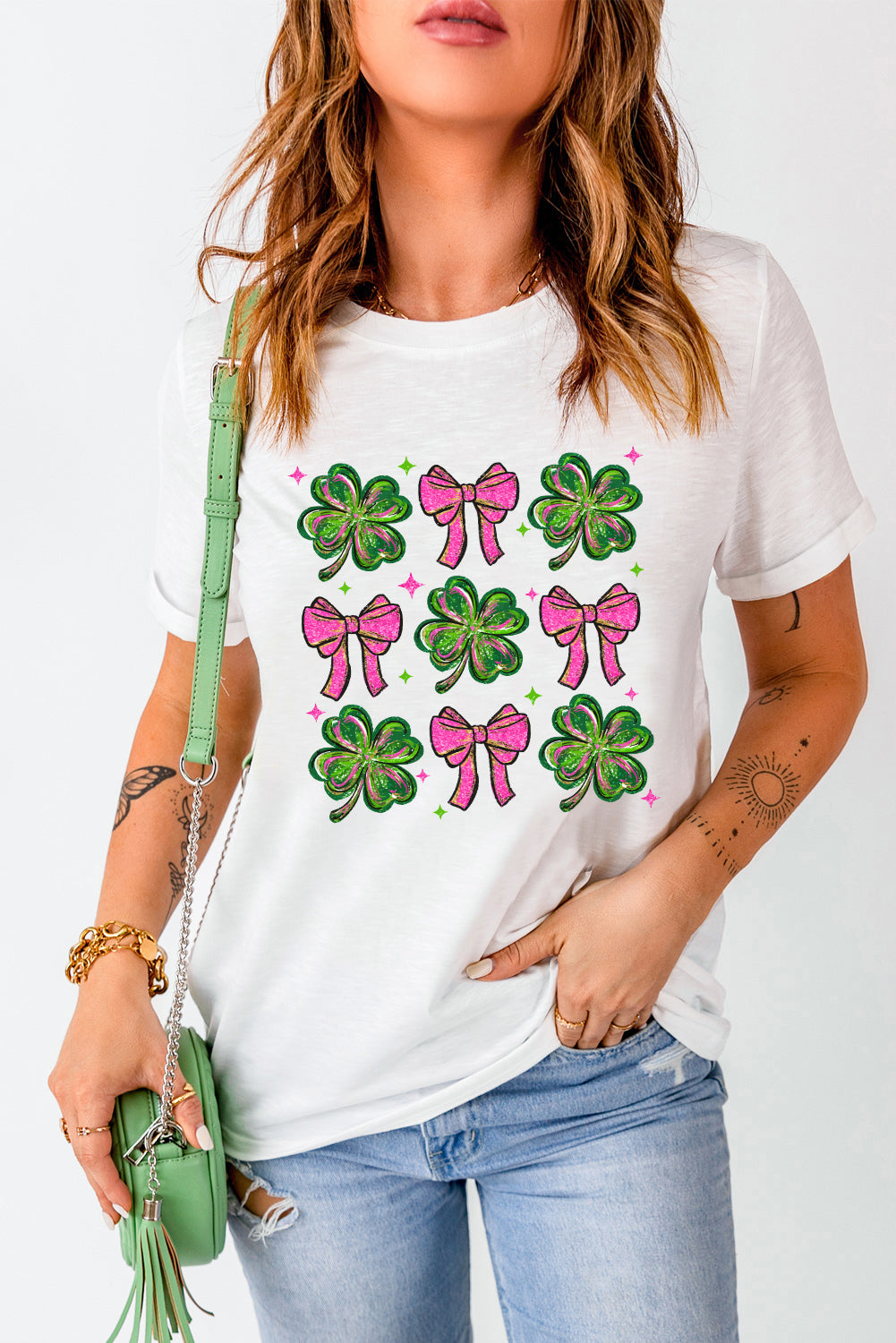 White St Patrick Shamrock Bowknot Printed Crewneck Tee