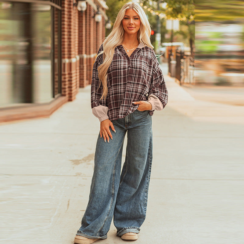 Women's European And American Leisure All-match Plaid Printed Loose Top