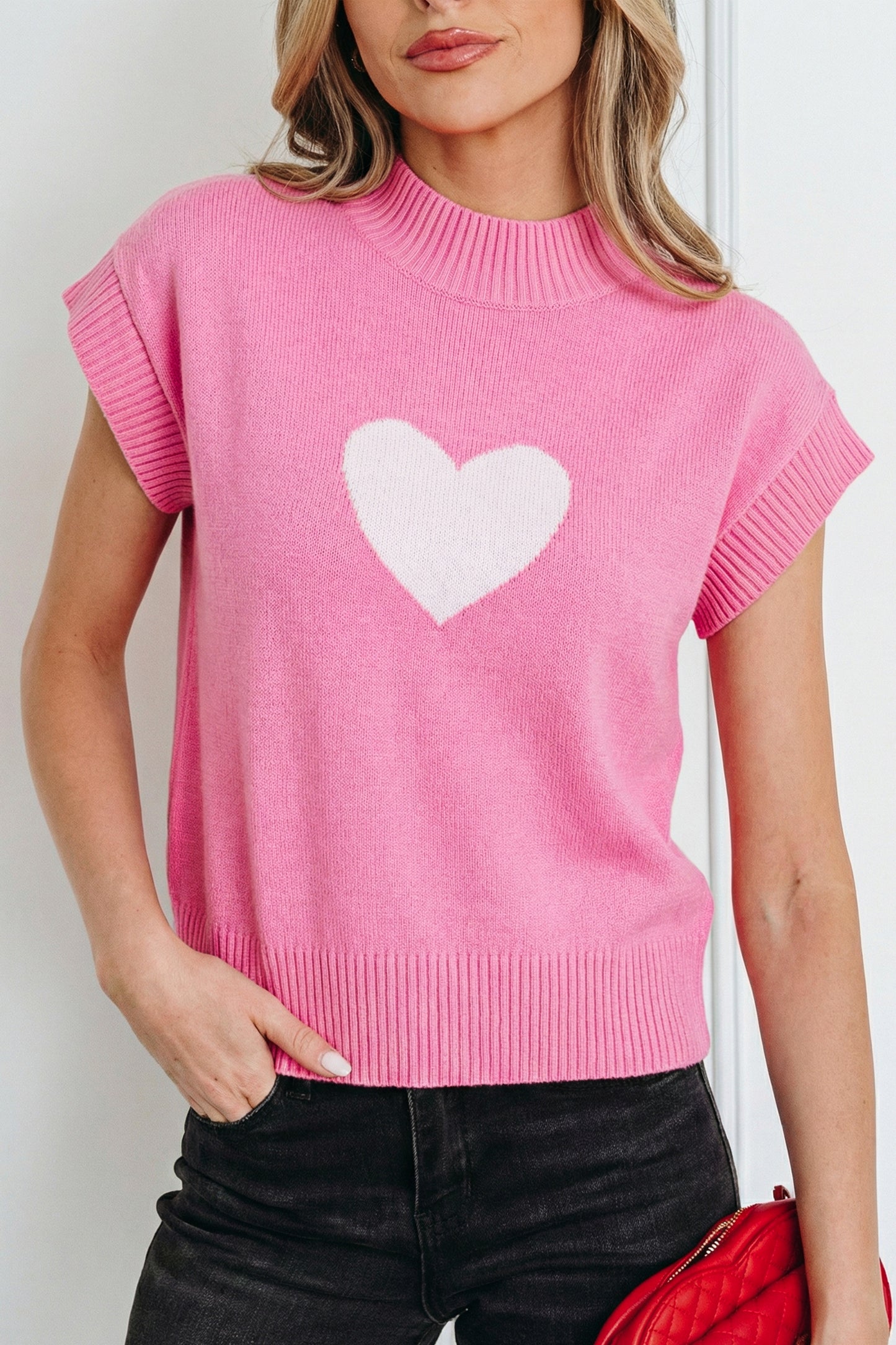 Pink Valentine Heart Graphic Cropped Short Sleeve Sweater
