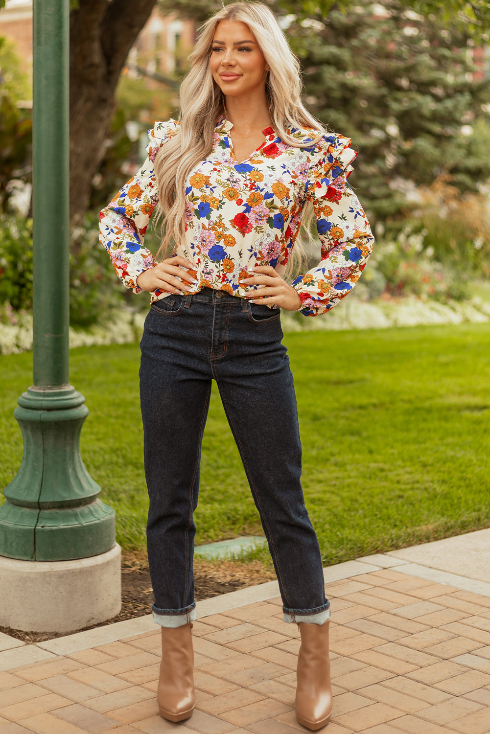 Apricot Ruffled Shoulder Long Sleeve Floral Blouse