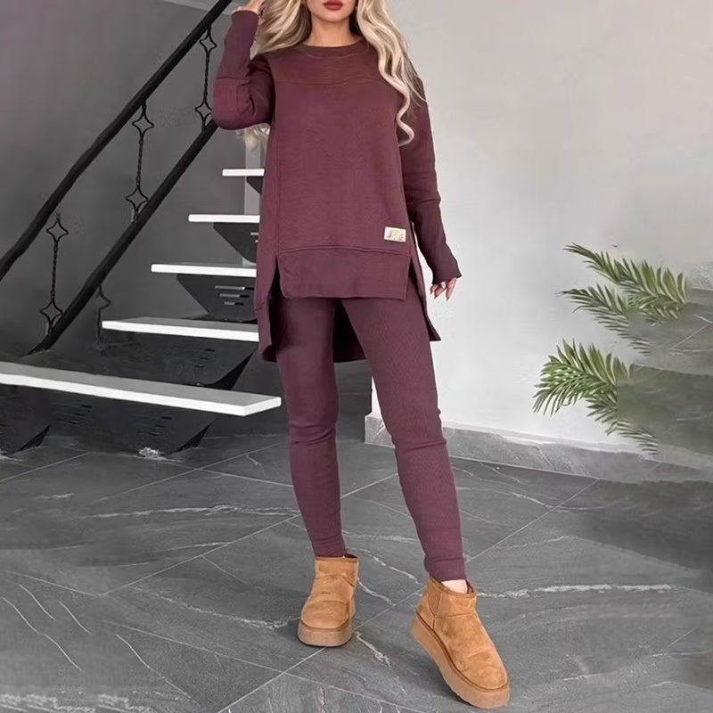 Women's 2-Piece Lounge Set, Casual Long Sleeve Side Slit Sweatshirt Outfit With Stretchy High Waist Leggings