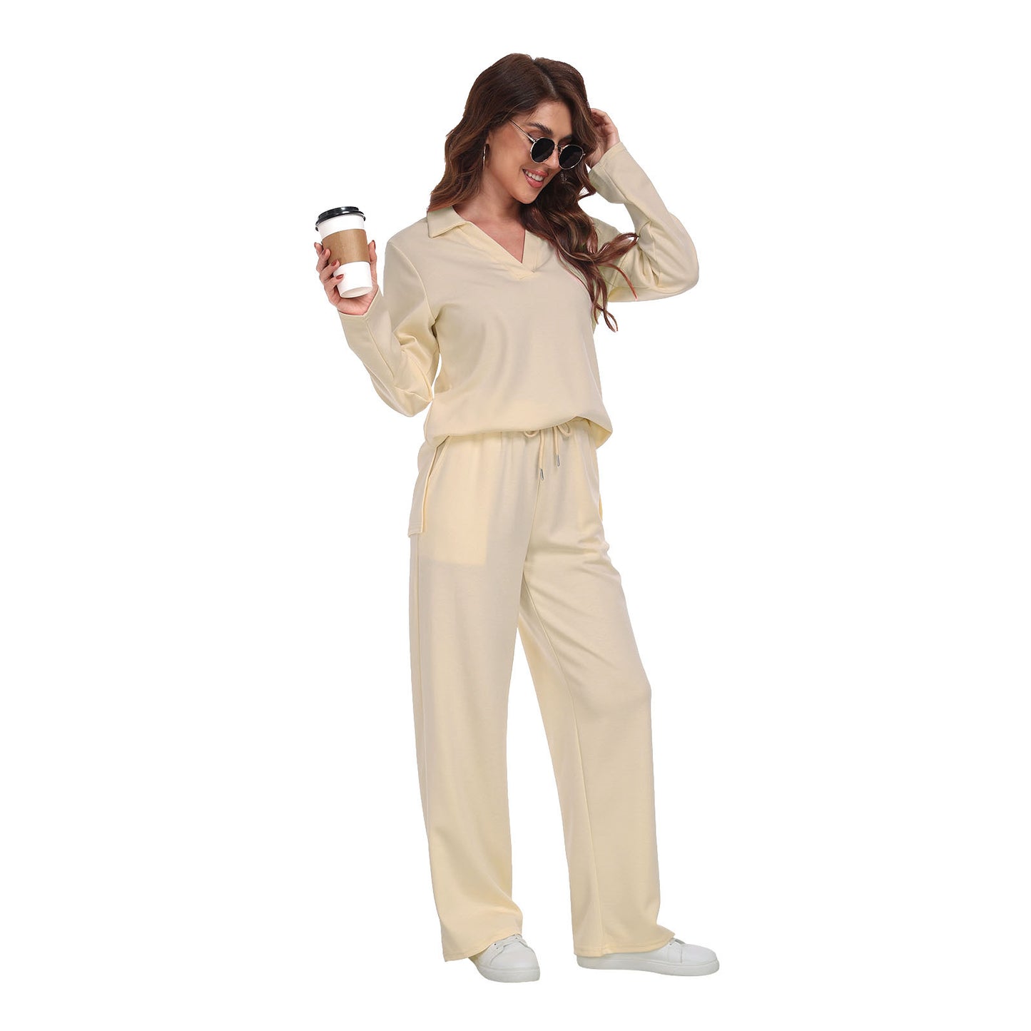 RONGTAI 2 Piece Outfits Sweatsuit For Women Casual Long Sleeve V Neck Pullover Tracksuit Solid Soft Comfy Tracksuits Set
