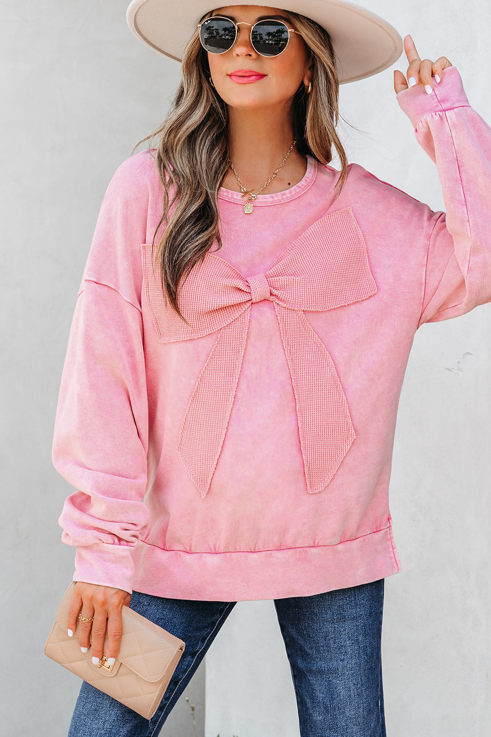 Bright Pink Mineral Wash Big Bow Patchwork Pullover Sweatshirt