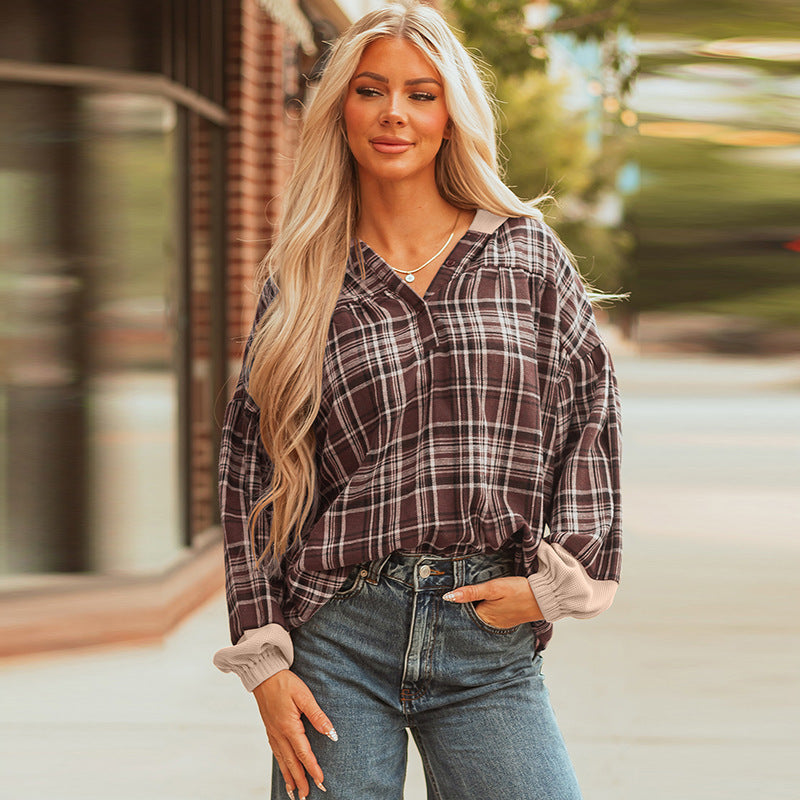 Women's European And American Leisure All-match Plaid Printed Loose Top