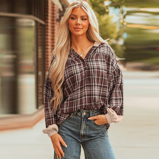 Women's European And American Leisure All-match Plaid Printed Loose Top