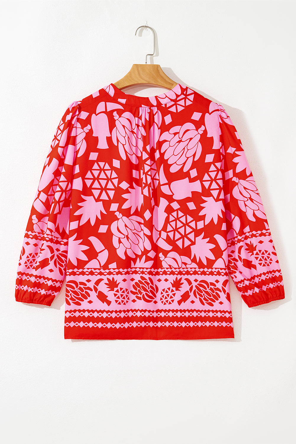 Strawberry Pink Abstract Floral Print Tie Neck Button Decor 3/4 Sleeve Blouse