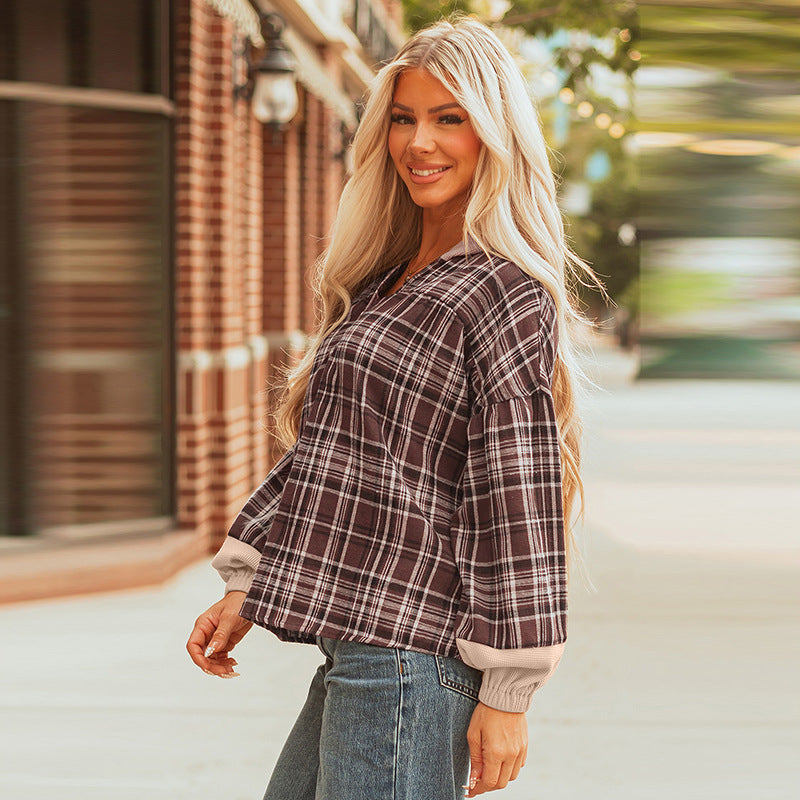 Women's European And American Leisure All-match Plaid Printed Loose Top