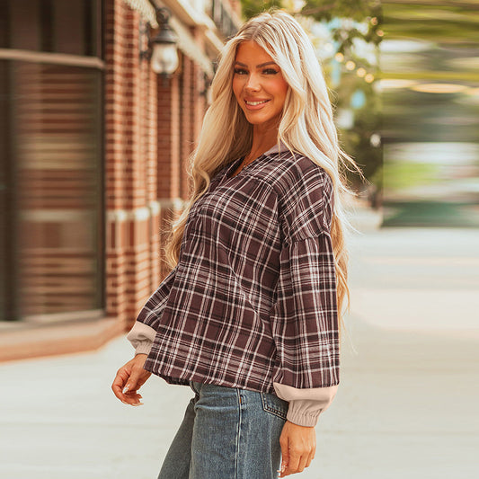 Women's European And American Leisure All-match Plaid Printed Loose Top