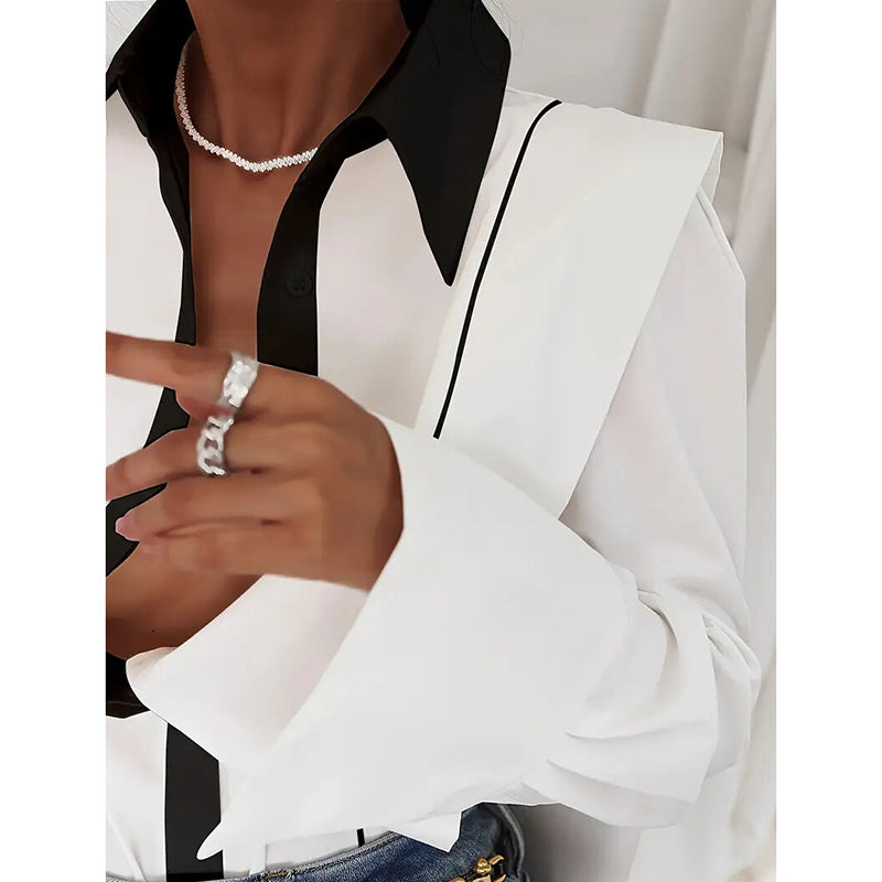 Women's Black & White Colorblock Button Down Shirt, Elegant Long Sleeve Collared Blouse, Office Work Tops