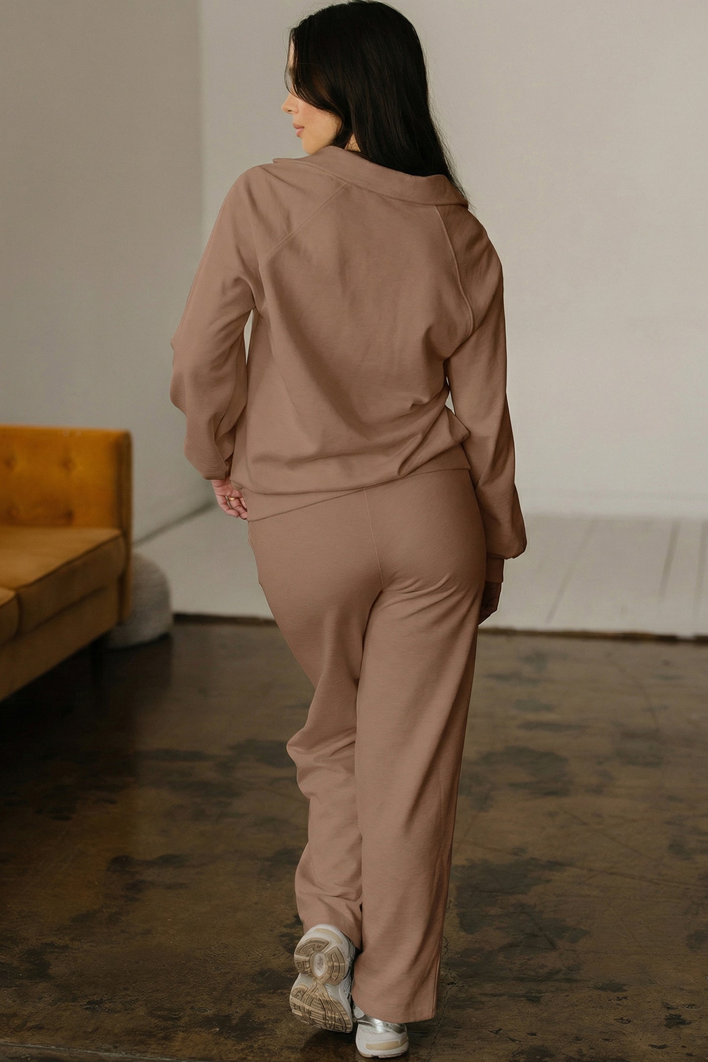 Dark Khaki Polo Collar V Neck Pullover and Drawstring Sweatpants Set