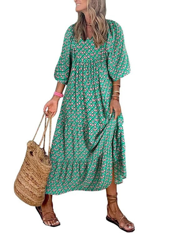 Geometric Print Puff Sleeve Dress Plus Size Women's Clothing