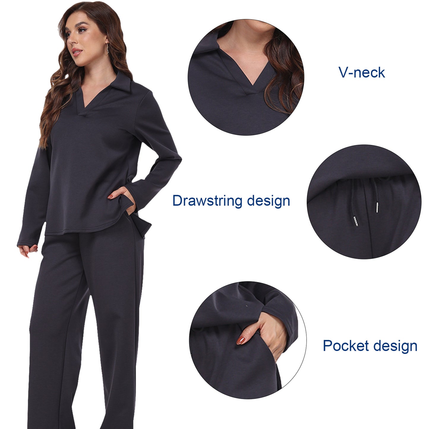RONGTAI 2 Piece Outfits Sweatsuit For Women Casual Long Sleeve V Neck Pullover Tracksuit Solid Soft Comfy Tracksuits Set