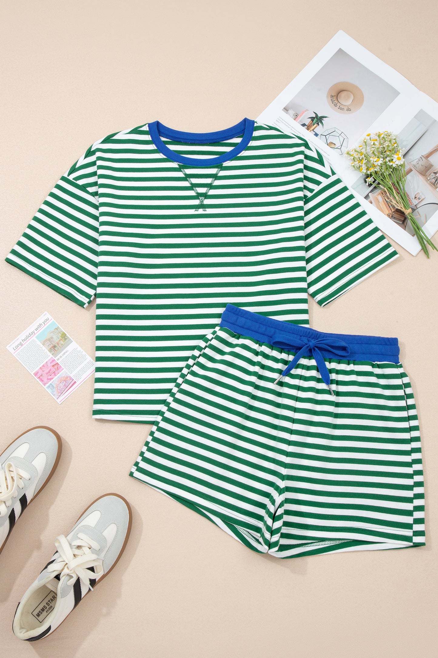 Rose Stripe Drop Shoulder Boxy Casual Terry Short Set