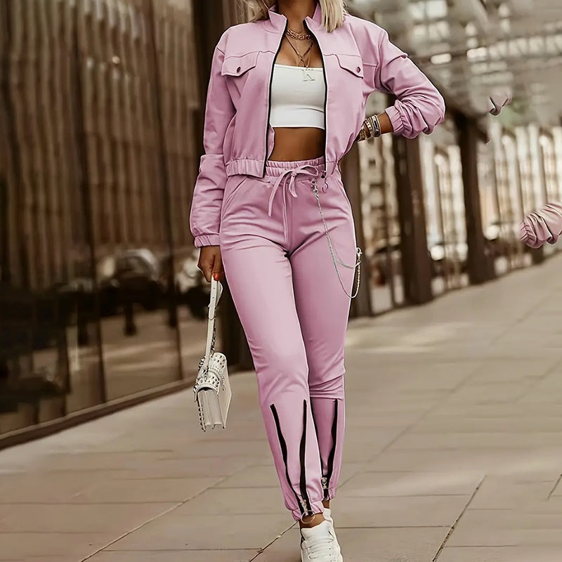 Women's Two Piece Set Cropped Long Sleeve Top With Drawstring Pocket Pants Casual Outfit Zipper Detail Tracksuit