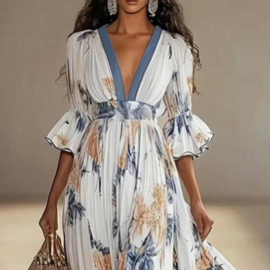 Women's Floral Print Maxi Dress With Deep V-Neck & Flare Sleeves, Elegant Flowy Wedding Guest Party Evening Dress