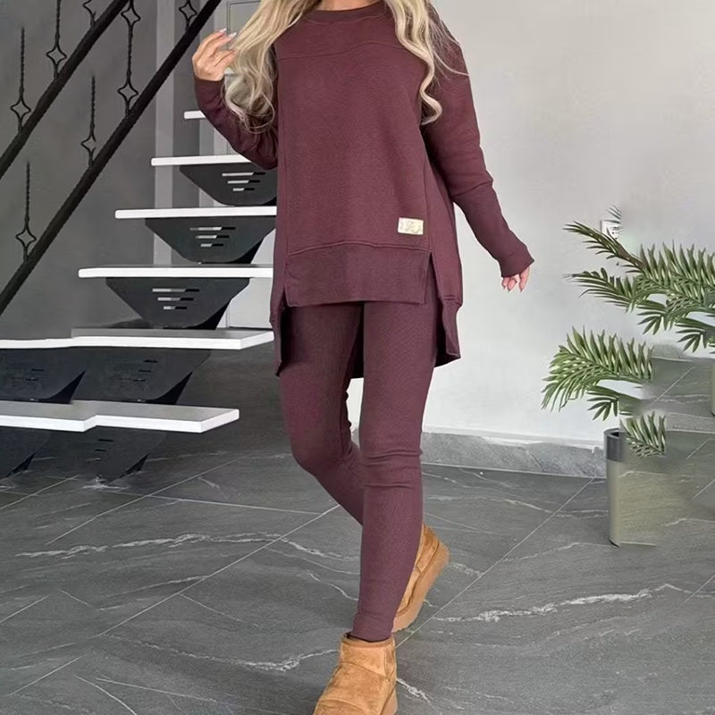 Women's 2-Piece Lounge Set, Casual Long Sleeve Side Slit Sweatshirt Outfit With Stretchy High Waist Leggings