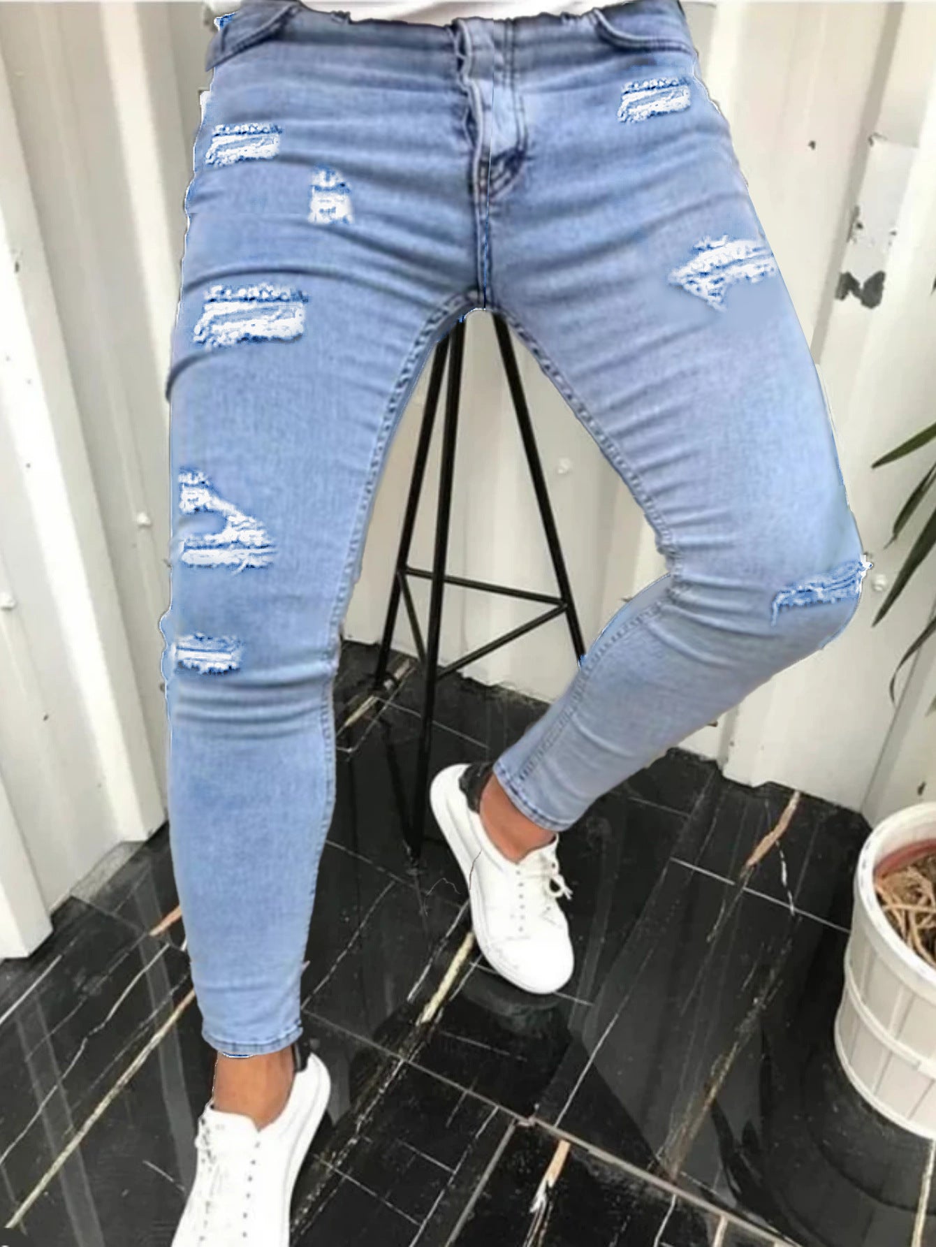 Tight Ripped Trendy Skinny Solid Color Simple Denim Trousers