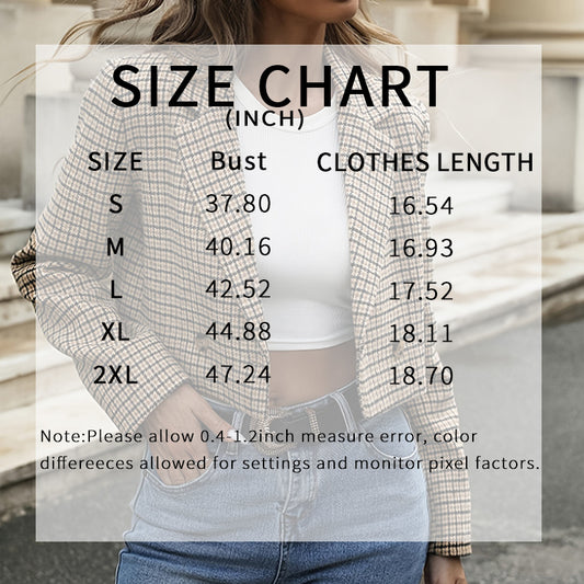 Women's Plaid Cropped Blazer, Vintage Notch Lapel Long Sleeve Short Jacket For Work Office