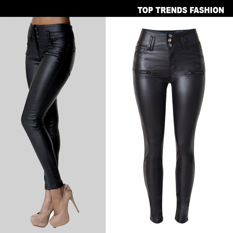 High Waist 3-button Slim-fit Leather Skinny Pants