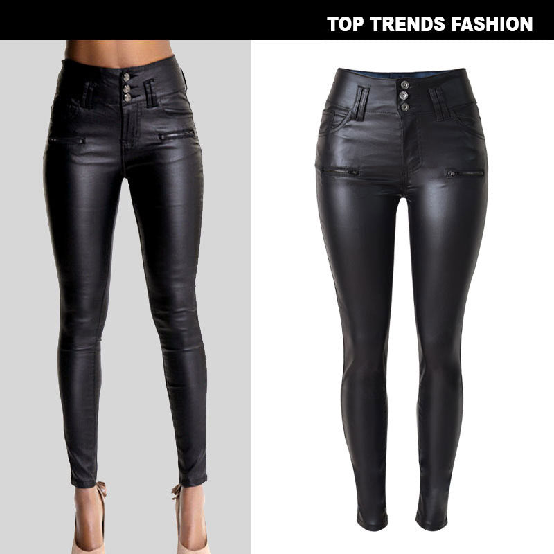 High Waist 3-button Slim-fit Leather Skinny Pants