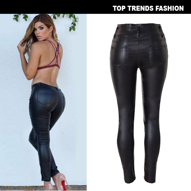 High Waist 3-button Slim-fit Leather Skinny Pants