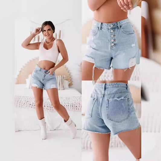 Fashion Casual Ordinary Water Washed Hole Raw Edge Denim Shorts