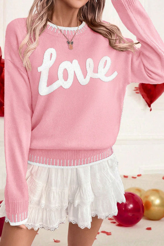 Pink Valentine Love Chenille Letter Graphic Sweater