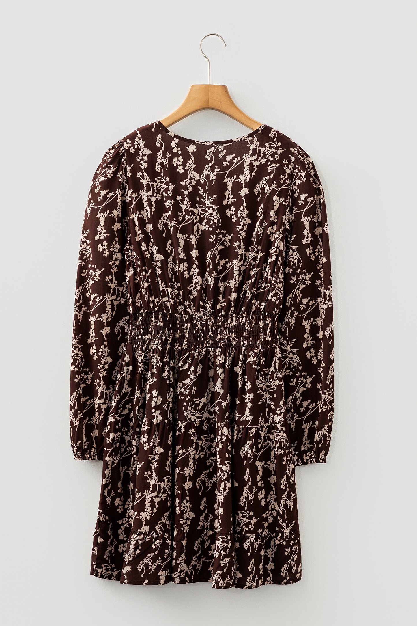 Brown Ditsy Floral Print Split Neck Long Sleeve Shirred Waist Flared Mini Dress