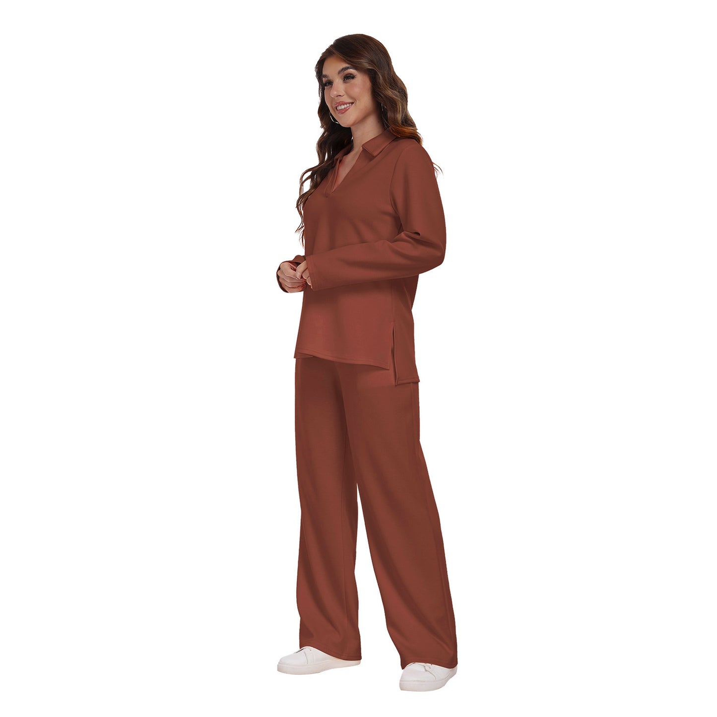 RONGTAI 2 Piece Outfits Sweatsuit For Women Casual Long Sleeve V Neck Pullover Tracksuit Solid Soft Comfy Tracksuits Set