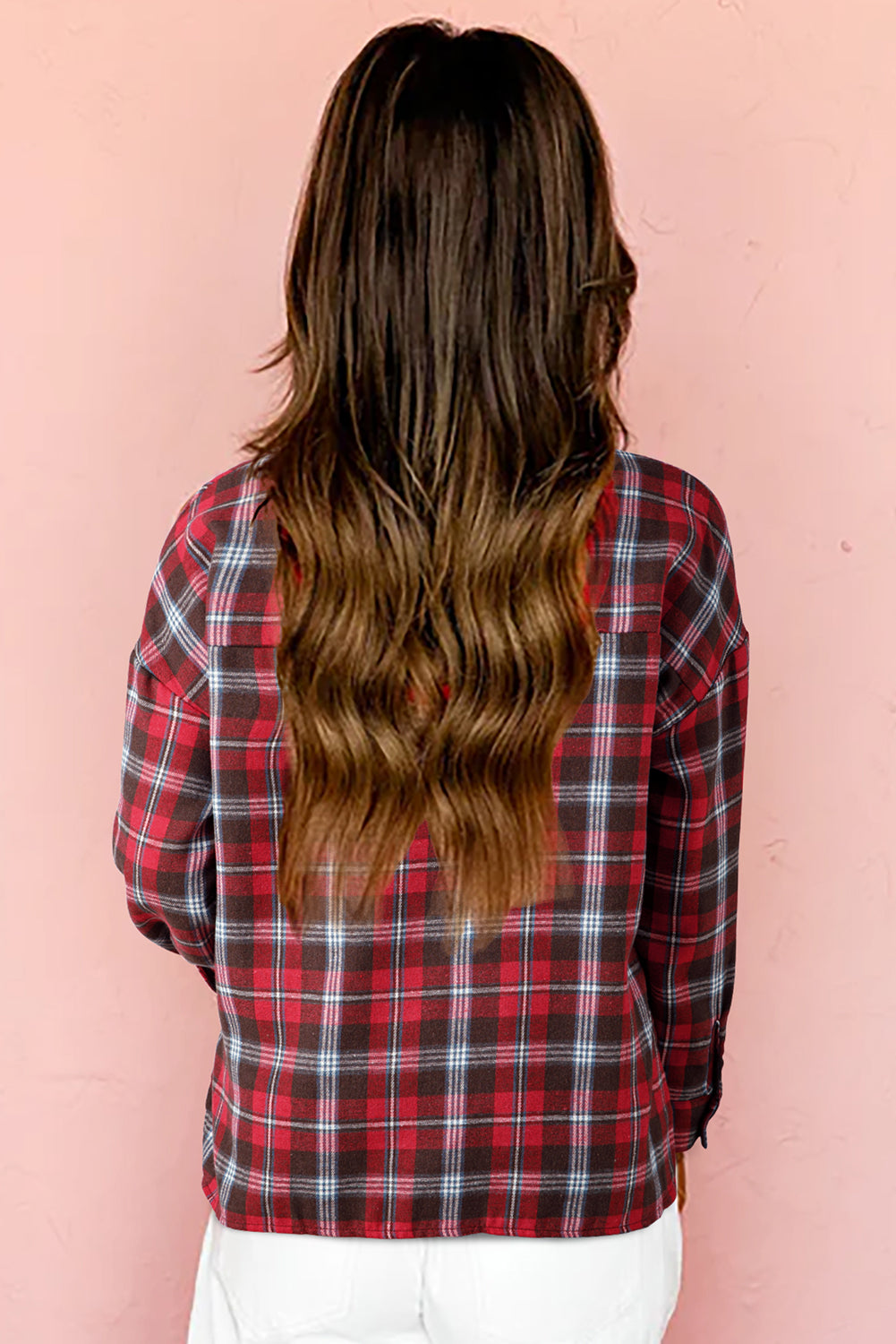 Red Plaid Print Collared V Neck Loose Blouse with Side Slits