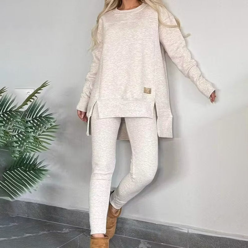 Women's 2-Piece Lounge Set, Casual Long Sleeve Side Slit Sweatshirt Outfit With Stretchy High Waist Leggings