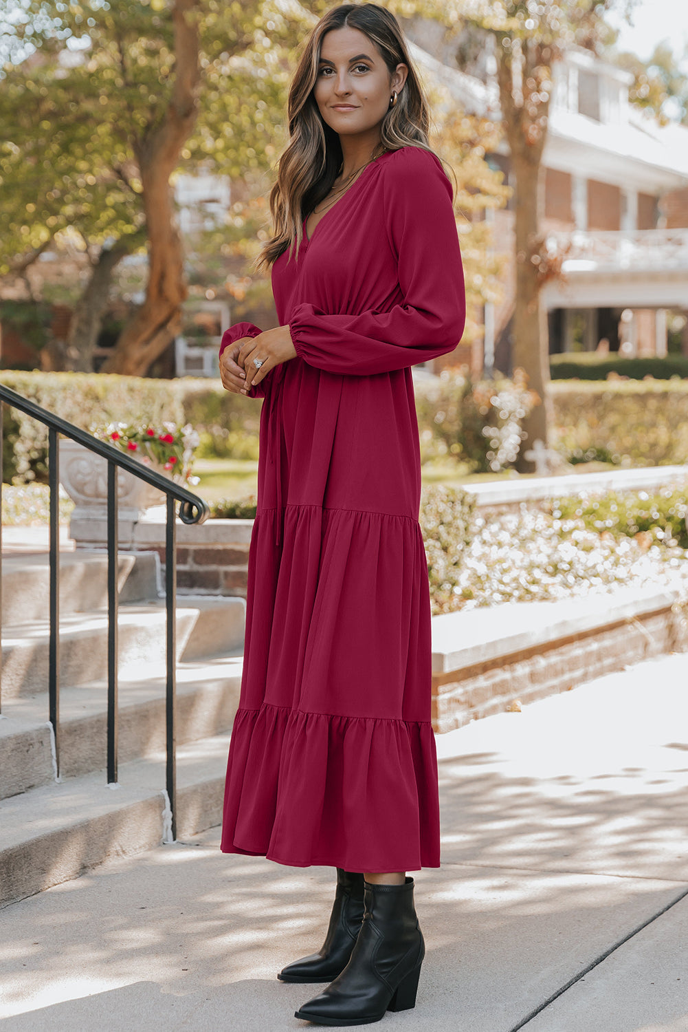 Burgundy Solid Long Sleeve Button V Neck Tiered Maxi Dress
