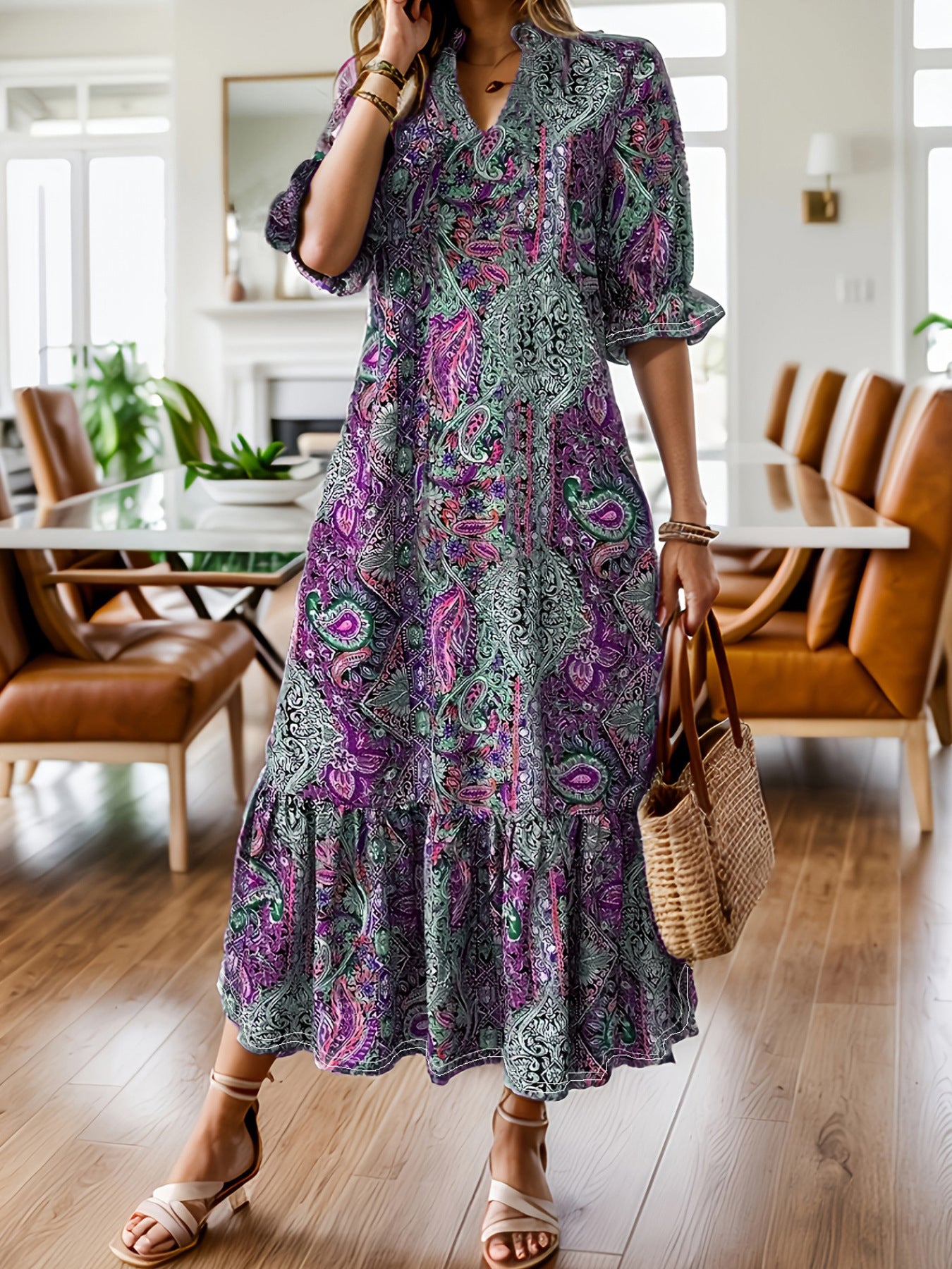 Women's Clothing Printed V-neck Plus Size Dress