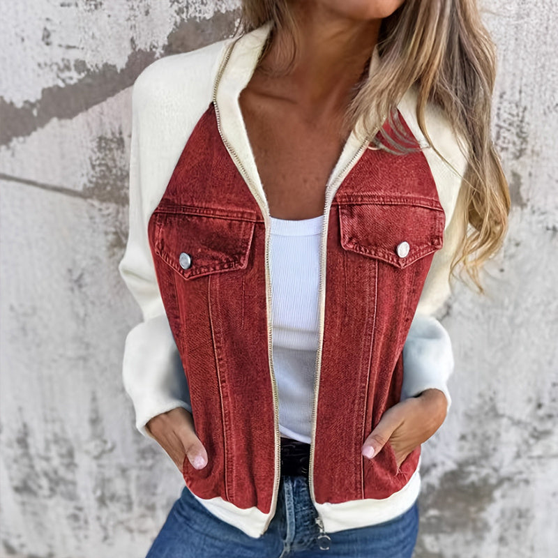 Women's Denim Patchwork Zip-Up Jacket Stand Collar Casual Coat With Button-Decorated Flap Pockets Fall Winter Fashion Outerwear