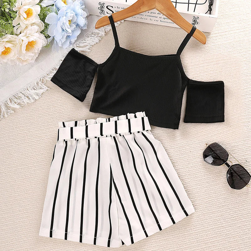 https://ae01.alicdn.com/kf/Sc56b7eae74614b88bedc52b8546ba75c4/Girls-Set-Summer-Casual-Style-Polyester-Strap-Off-Shoulder-Solid-Short-Sleeves-and-Striped-Belt-Shorts.jpg