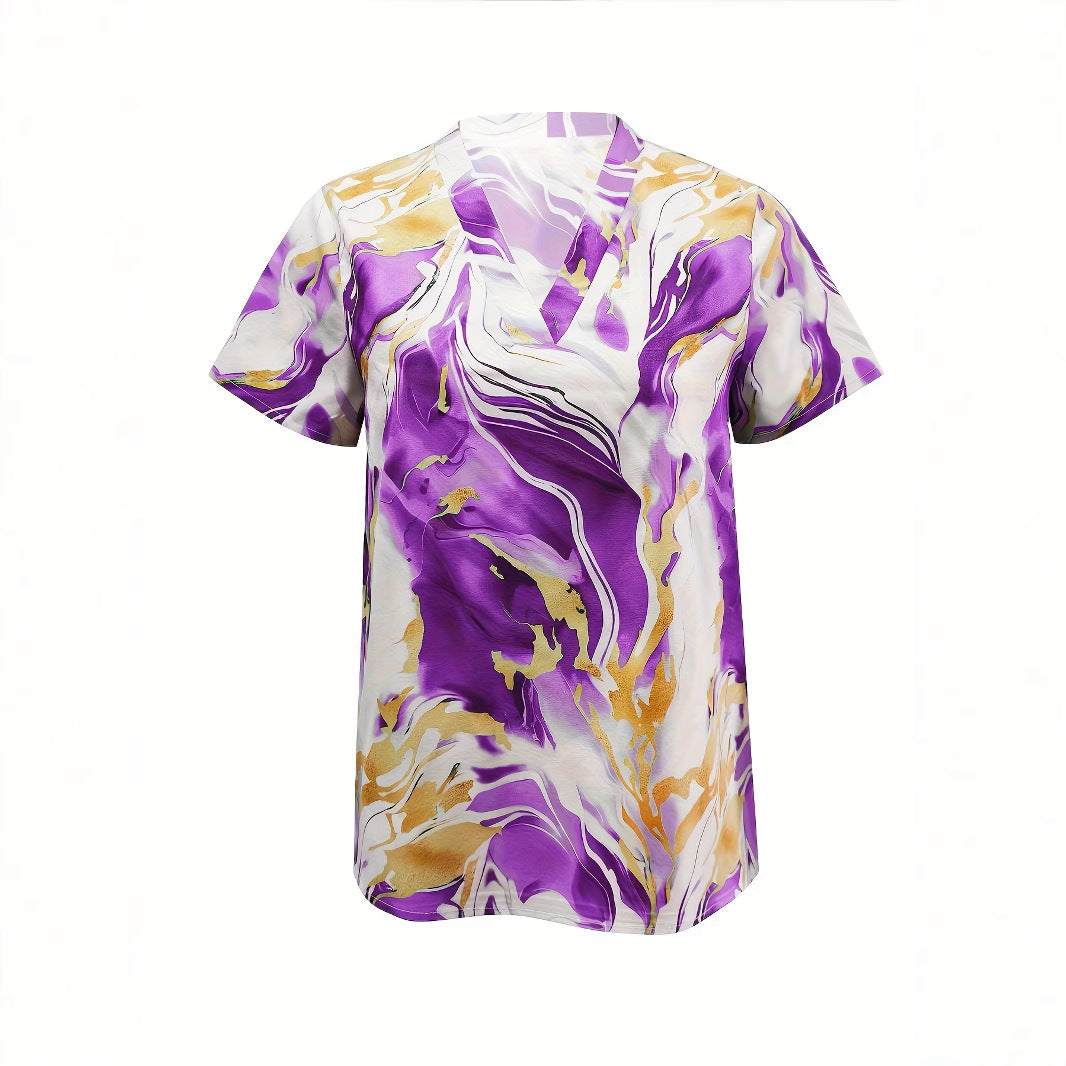 Geometric Pattern V-neck Commuter's All-matching Short Sleeve Shirt