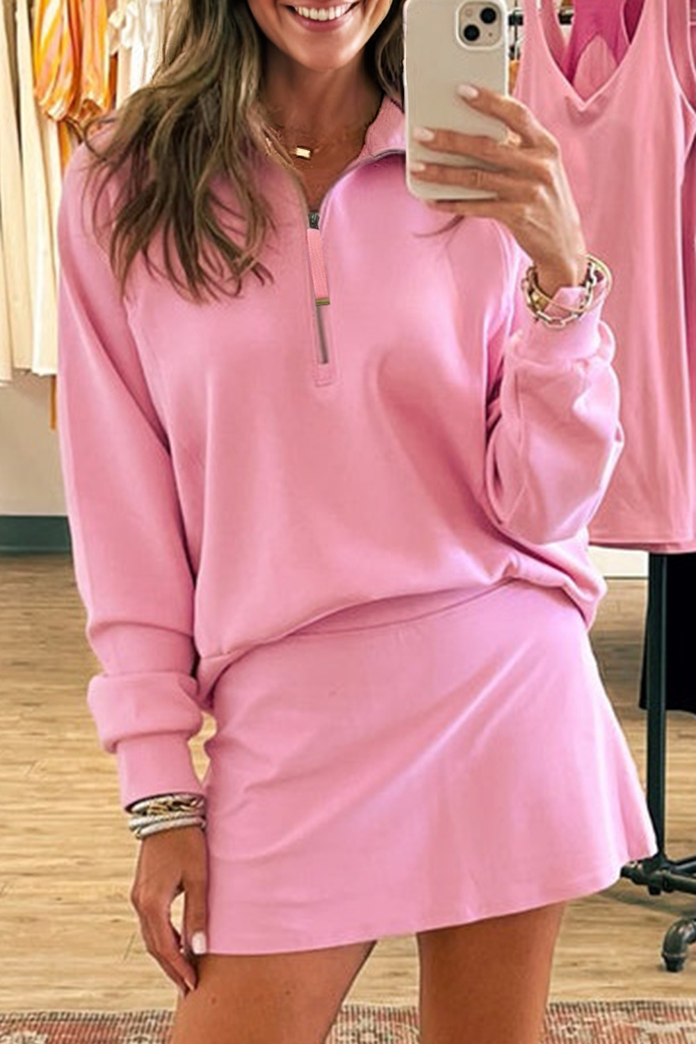 Pink Half Zip Sporty Pullover Mini Skort 2pcs Outfit