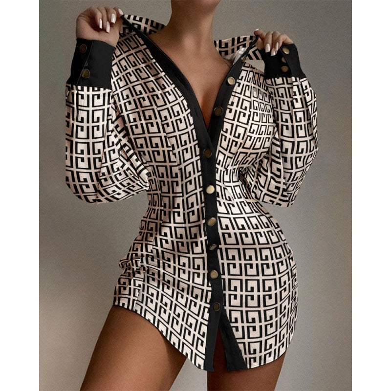 New Fashion Printed Waist-controlled Fastener Decoration Women's Shirt